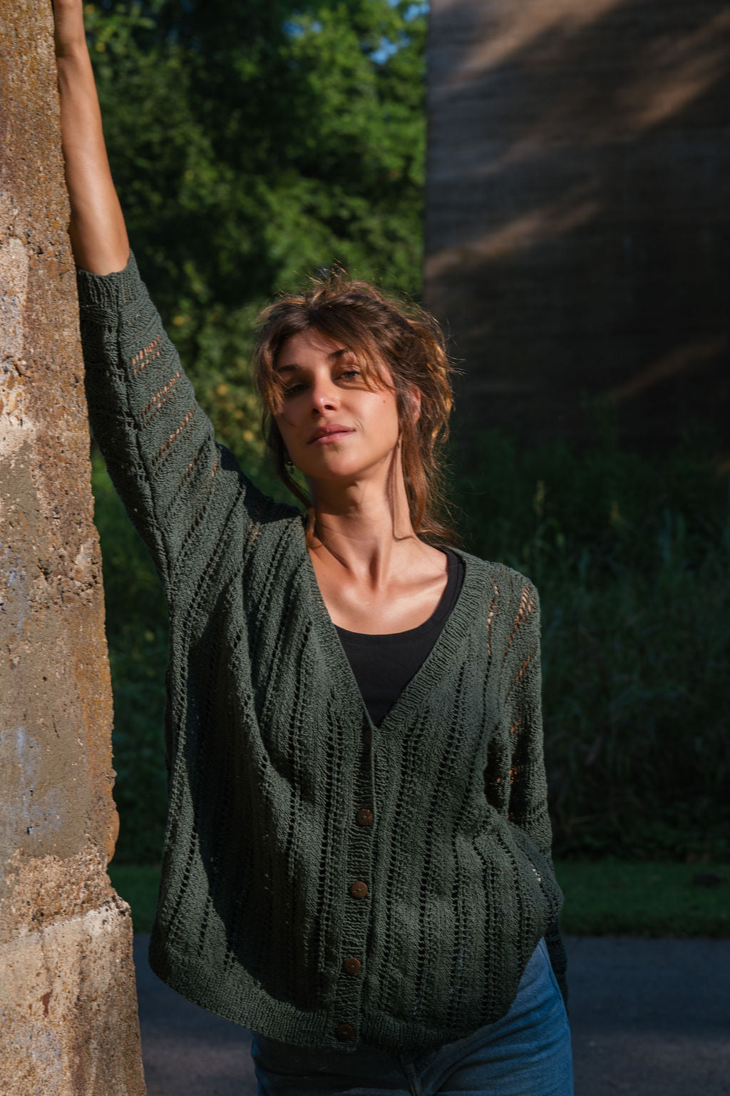 Trish Lace Cotton Sweater in Pine Green Made to Order