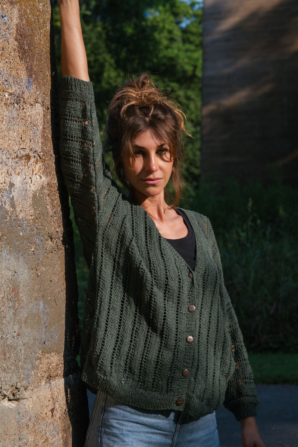 Trish Lace Cotton Sweater in Pine Green Made to Order