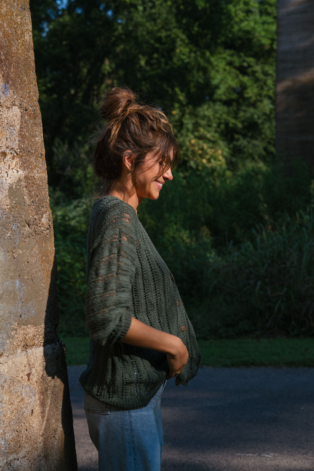 Trish Lace Cotton Sweater in Pine Green Made to Order