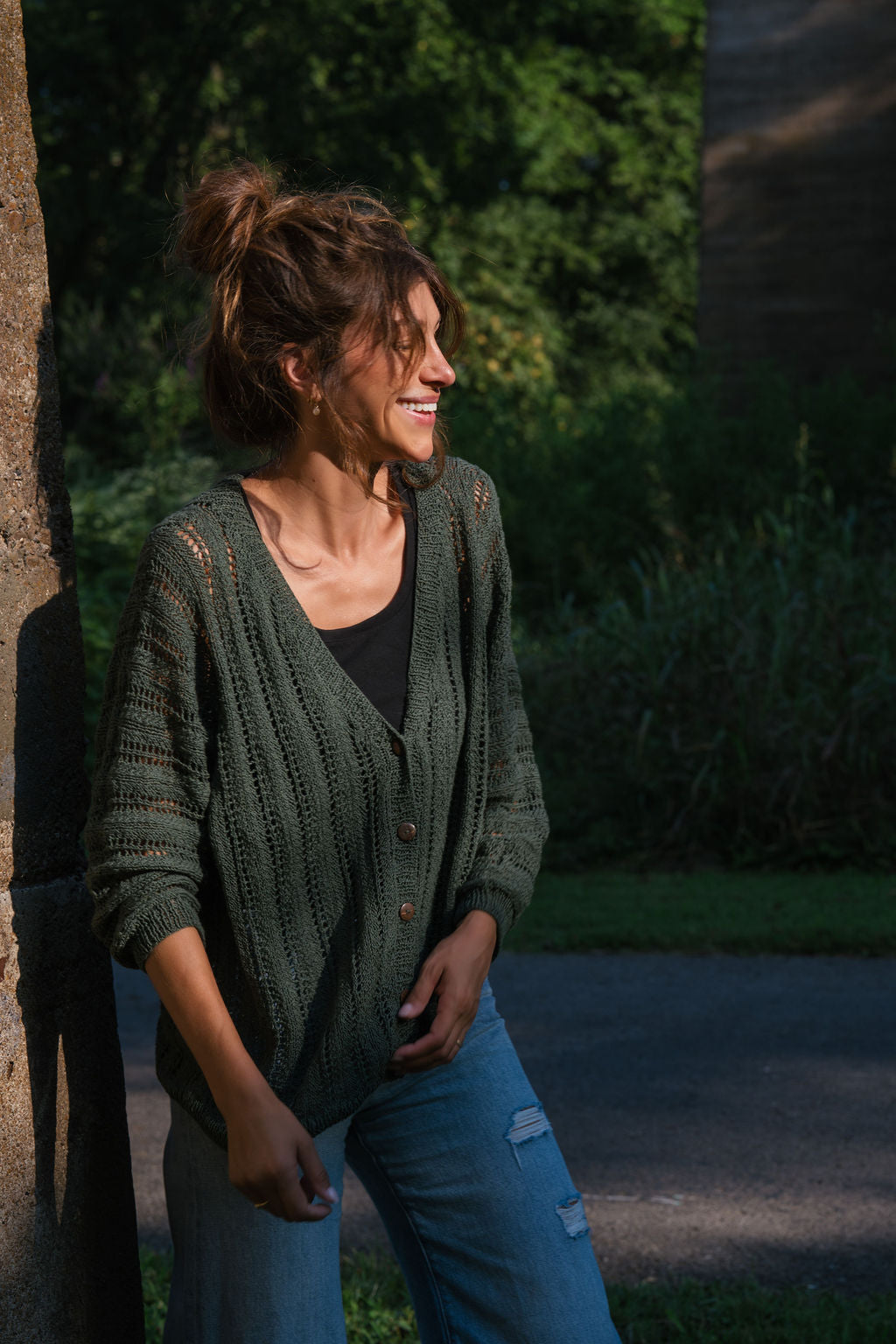 Trish Lace Cotton Sweater in Pine Green Made to Order