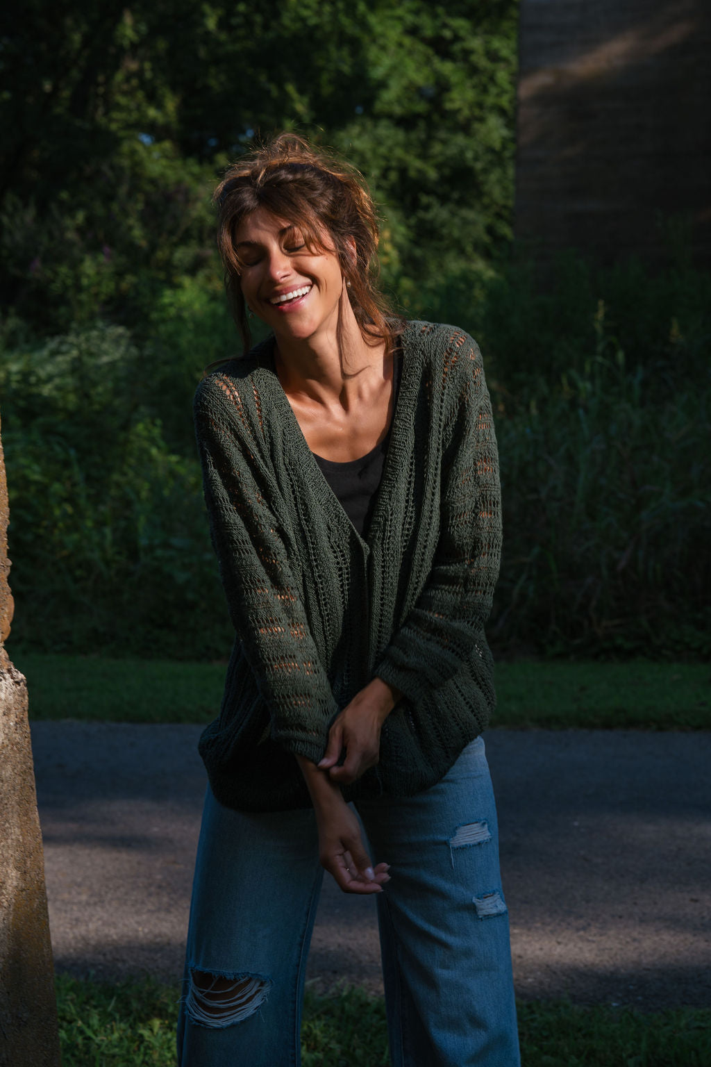 Trish Lace Cotton Sweater in Pine Green Made to Order