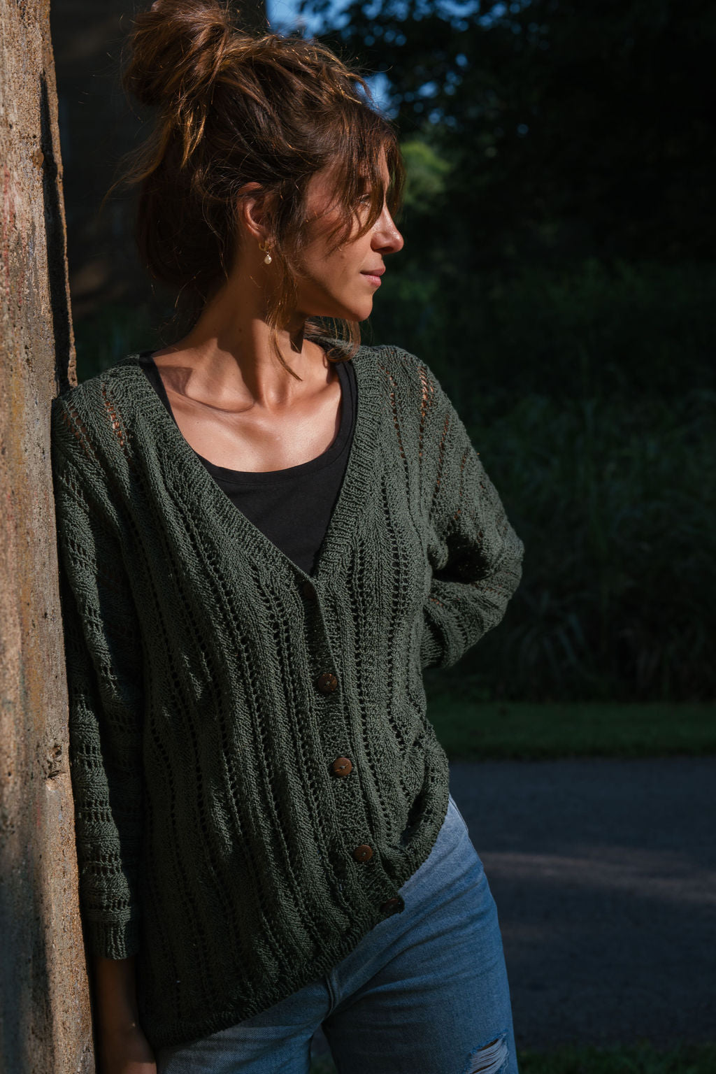 Trish Lace Cotton Sweater in Pine Green Made to Order