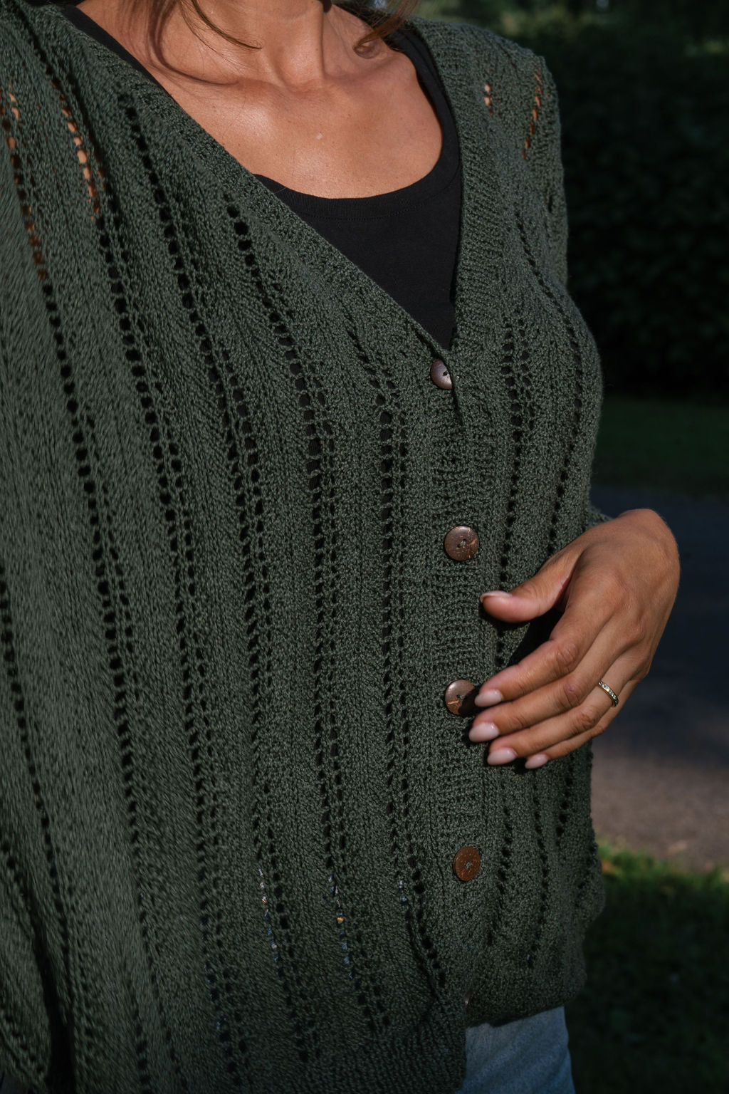 Trish Lace Cotton Sweater in Pine Green Made to Order