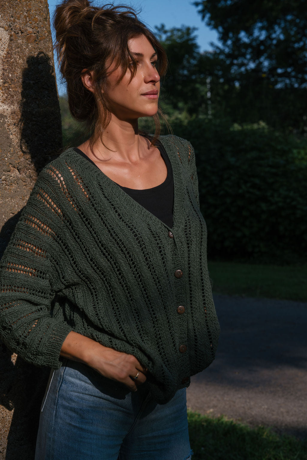 Trish Lace Cotton Sweater in Pine Green Made to Order