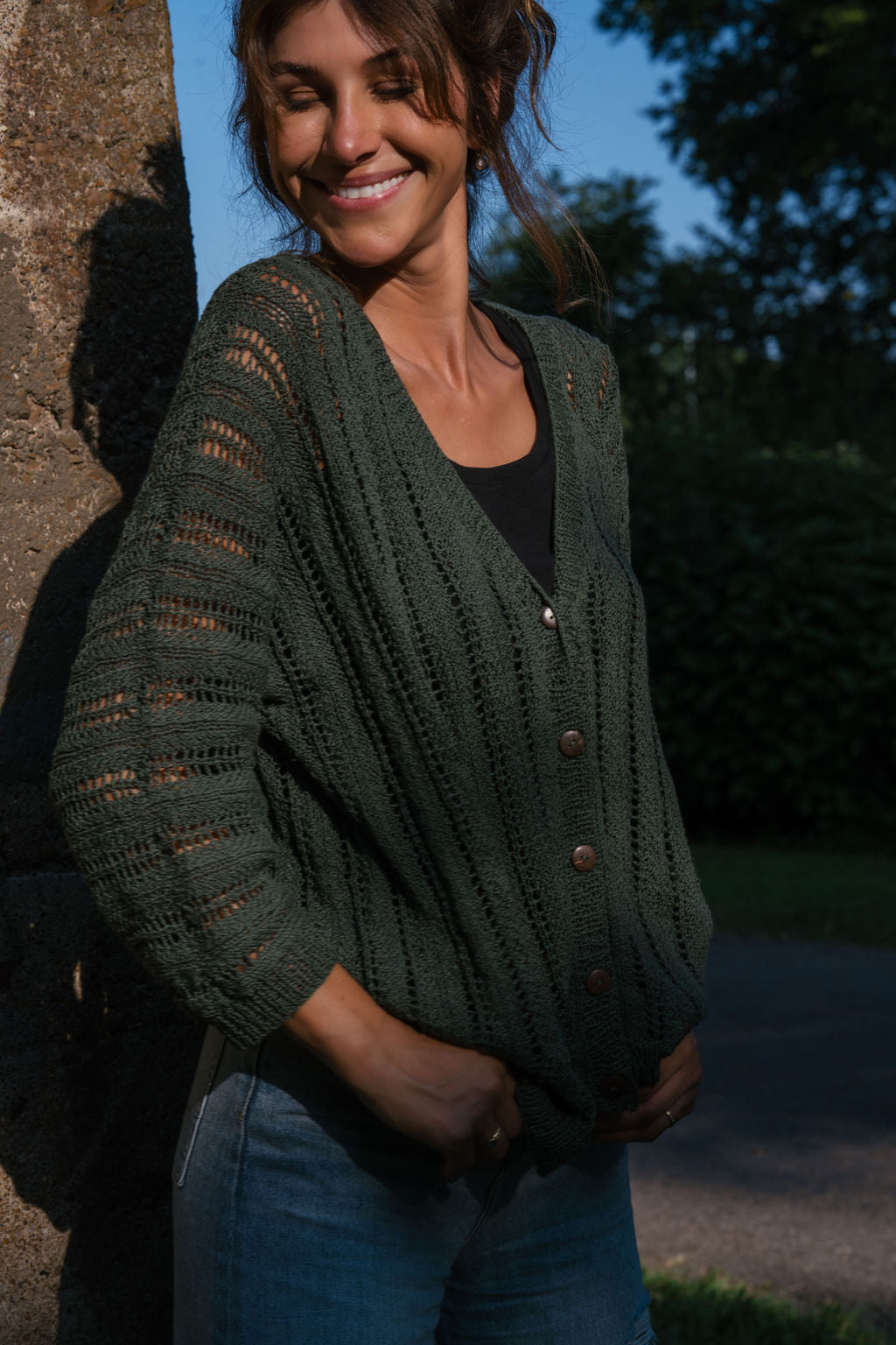 Trish Lace Cotton Sweater in Pine Green Made to Order