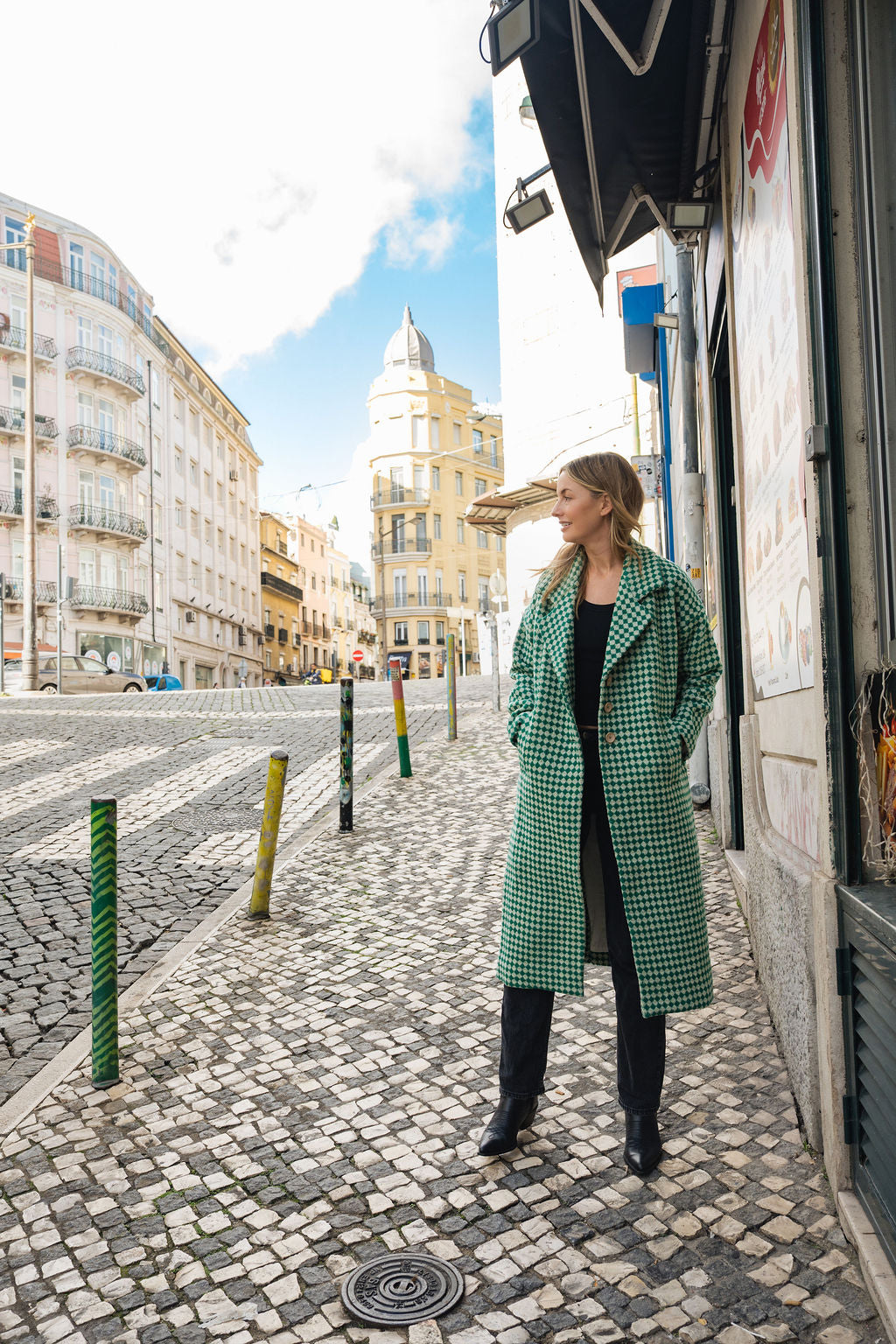 Portuguese Wool Polly Coat in Green and White Check Made to Order