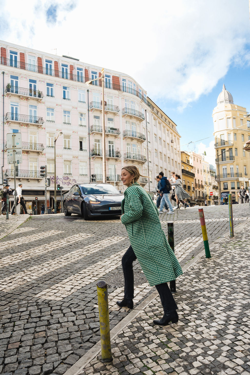 Portuguese Wool Polly Coat in Green and White Check Made to Order