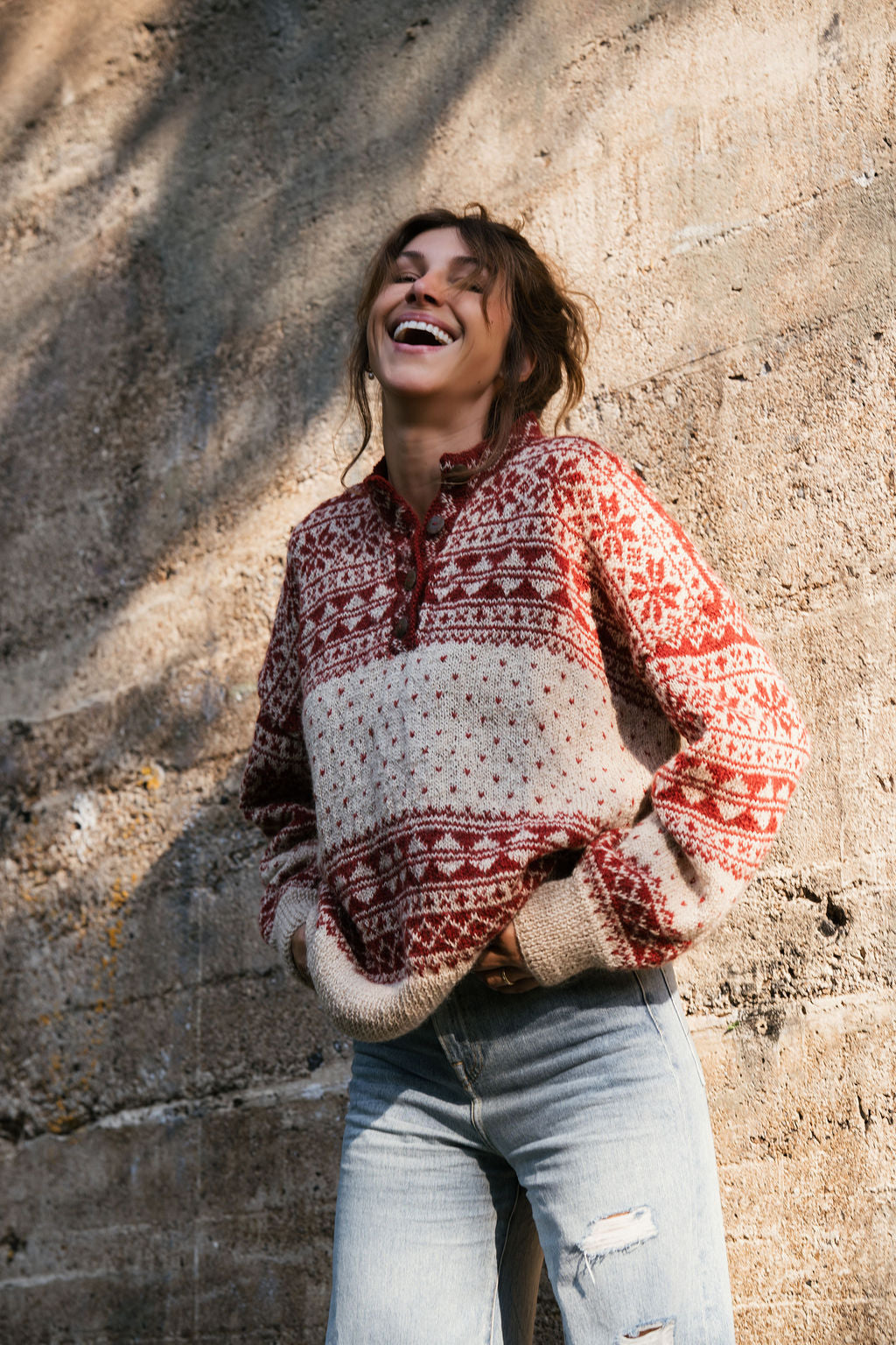 Imogene Oversized Wool Henley in Snowflake Print Made to Order