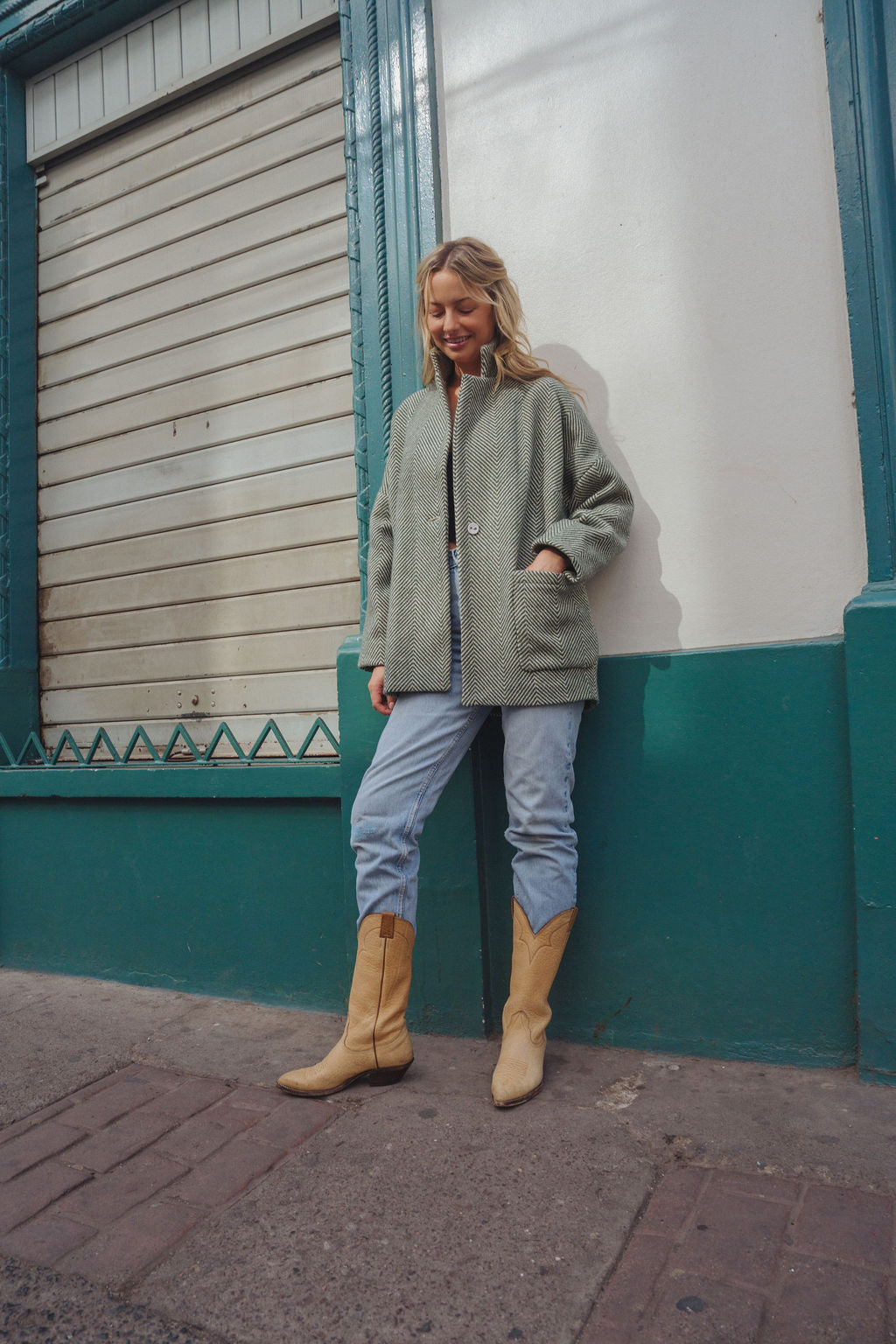 Portuguese Wool Pieper Coat in Teal and Cream Thin Stripe Made to Order