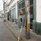 Portuguese Wool Pieper Coat in Teal and Cream Thin Stripe Made to Order