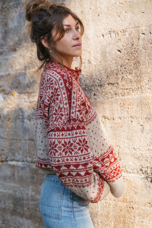 Imogene Oversized Wool Henley in Snowflake Print Made to Order