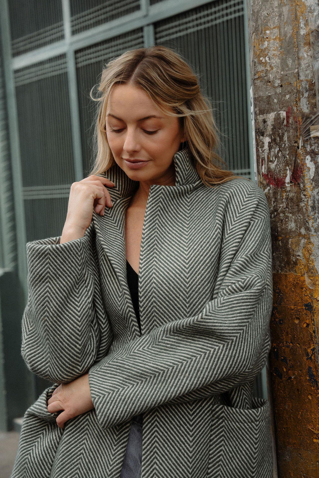 Portuguese Wool Pieper Coat in Teal and Cream Thin Stripe Made to Order