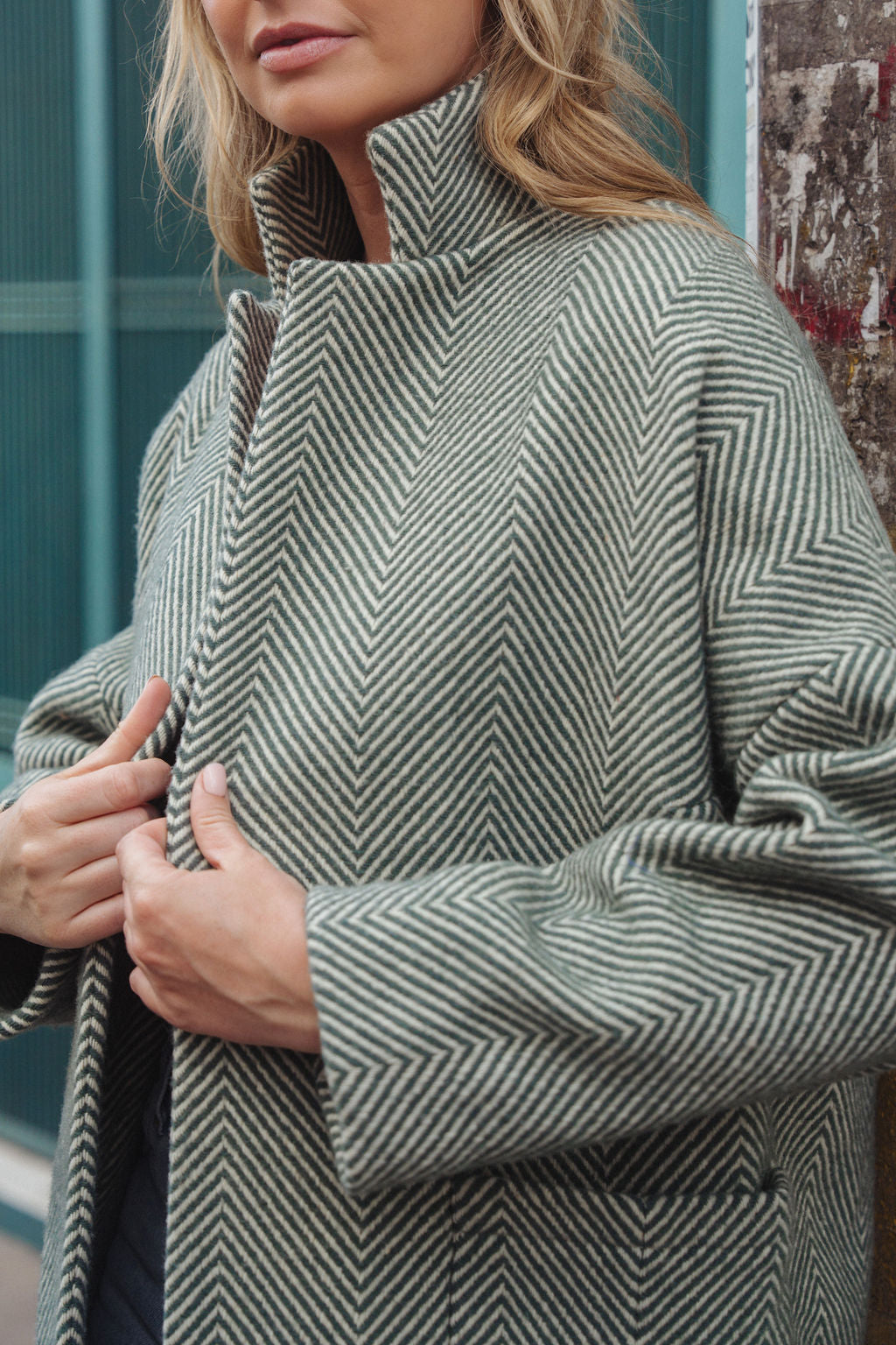 Portuguese Wool Pieper Coat in Teal and Cream Thin Stripe Made to Order