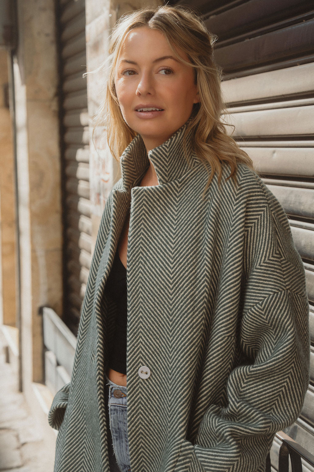 Portuguese Wool Pieper Coat in Teal and Cream Thin Stripe Made to Order