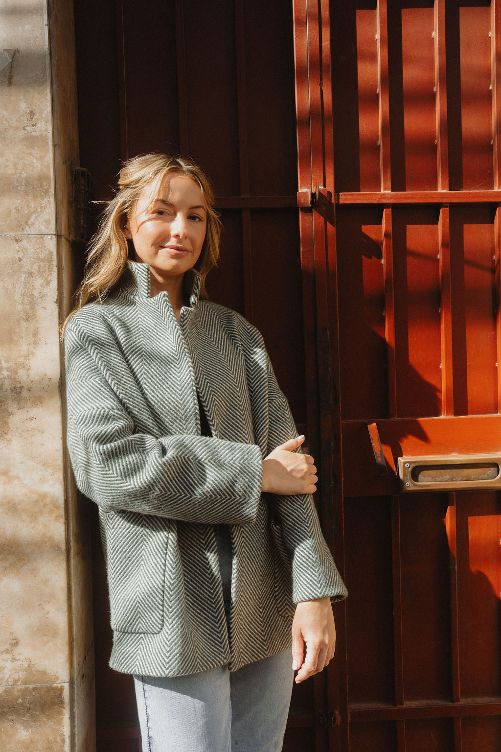 Portuguese Wool Pieper Coat in Teal and Cream Thin Stripe Made to Order