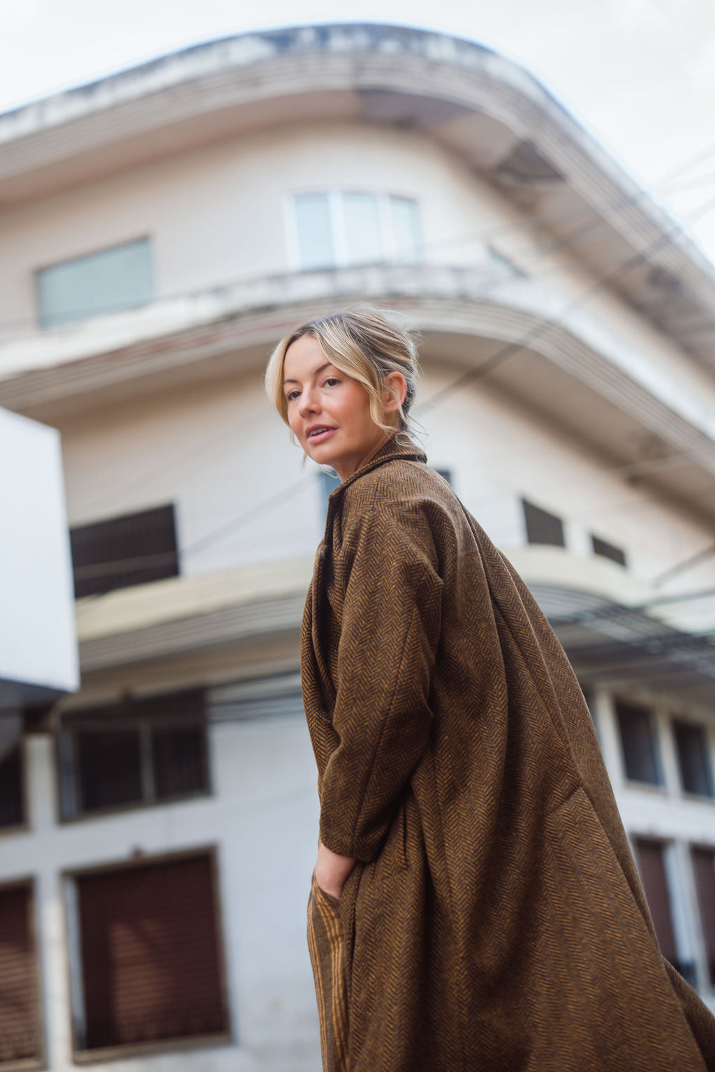 Portuguese Wool Polly Coat in Black and Brown Small Herringbone Made to Order