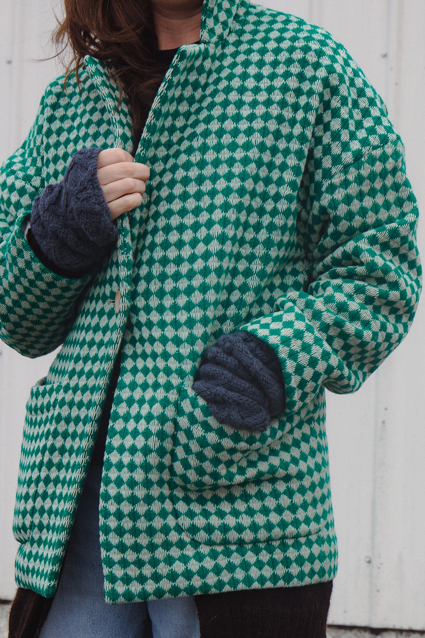 Portuguese Wool Pieper Coat in Green and Cream Check Made to Order