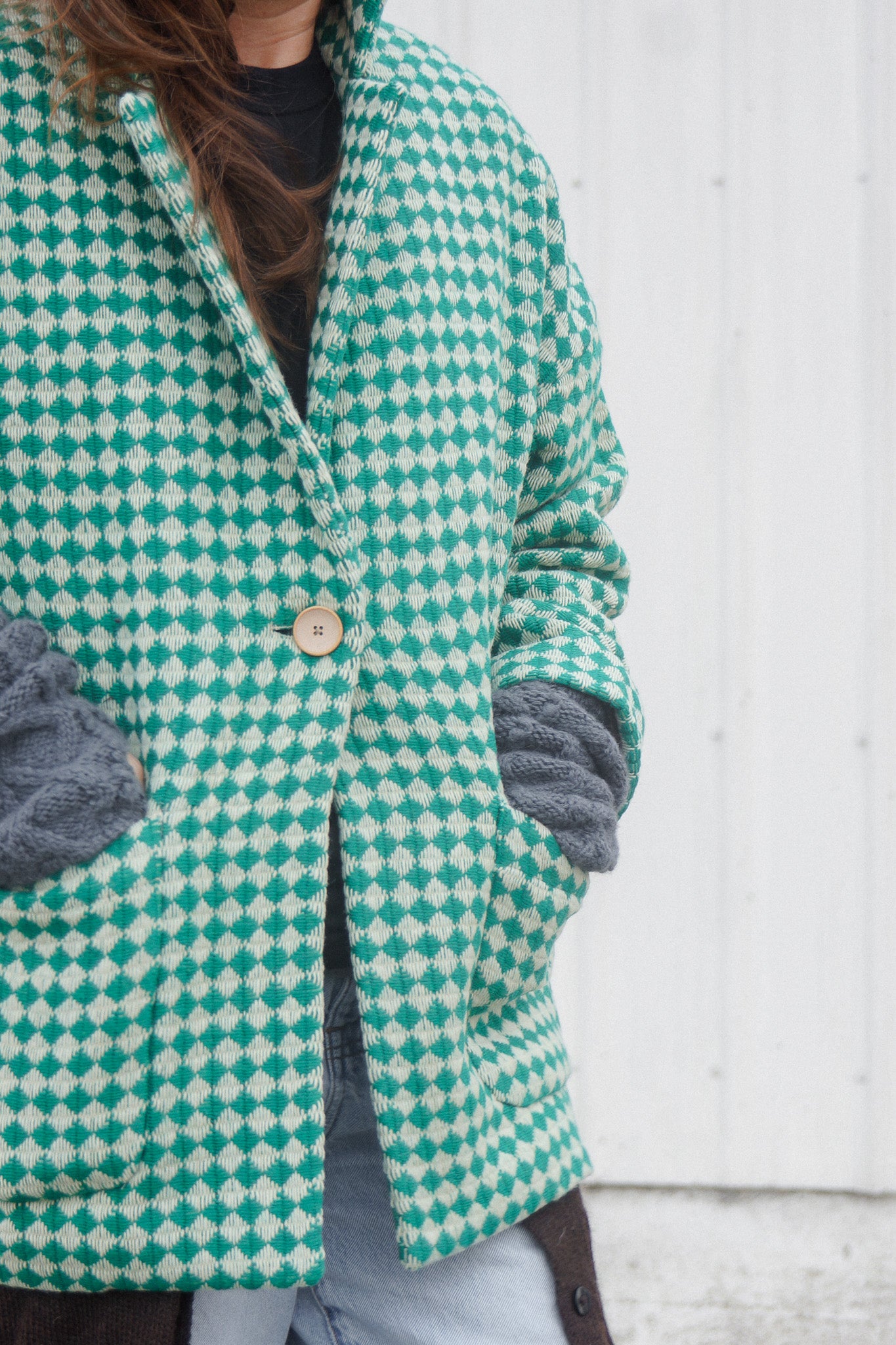 Portuguese Wool Pieper Coat in Green and Cream Check Made to Order