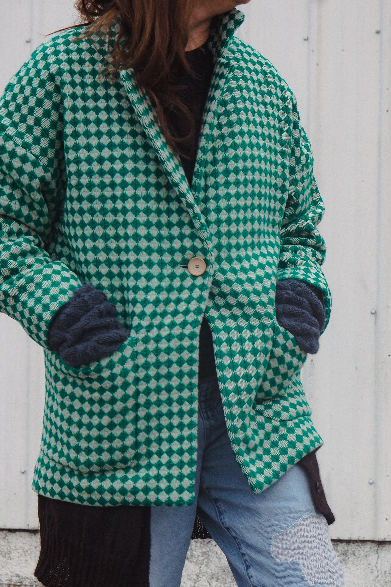 Portuguese Wool Pieper Coat in Green and Cream Check Made to Order