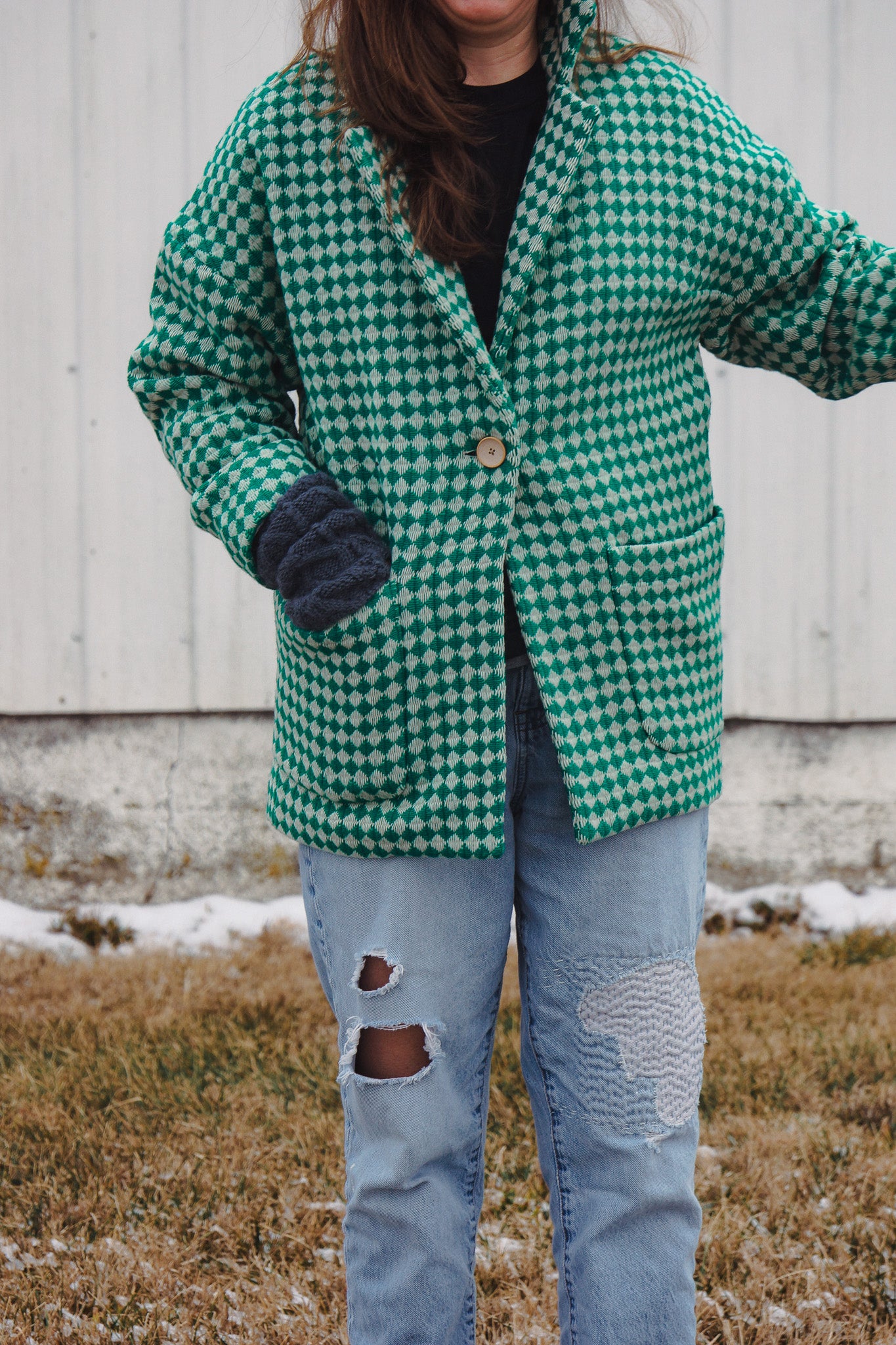 Portuguese Wool Pieper Coat in Green and Cream Check Made to Order