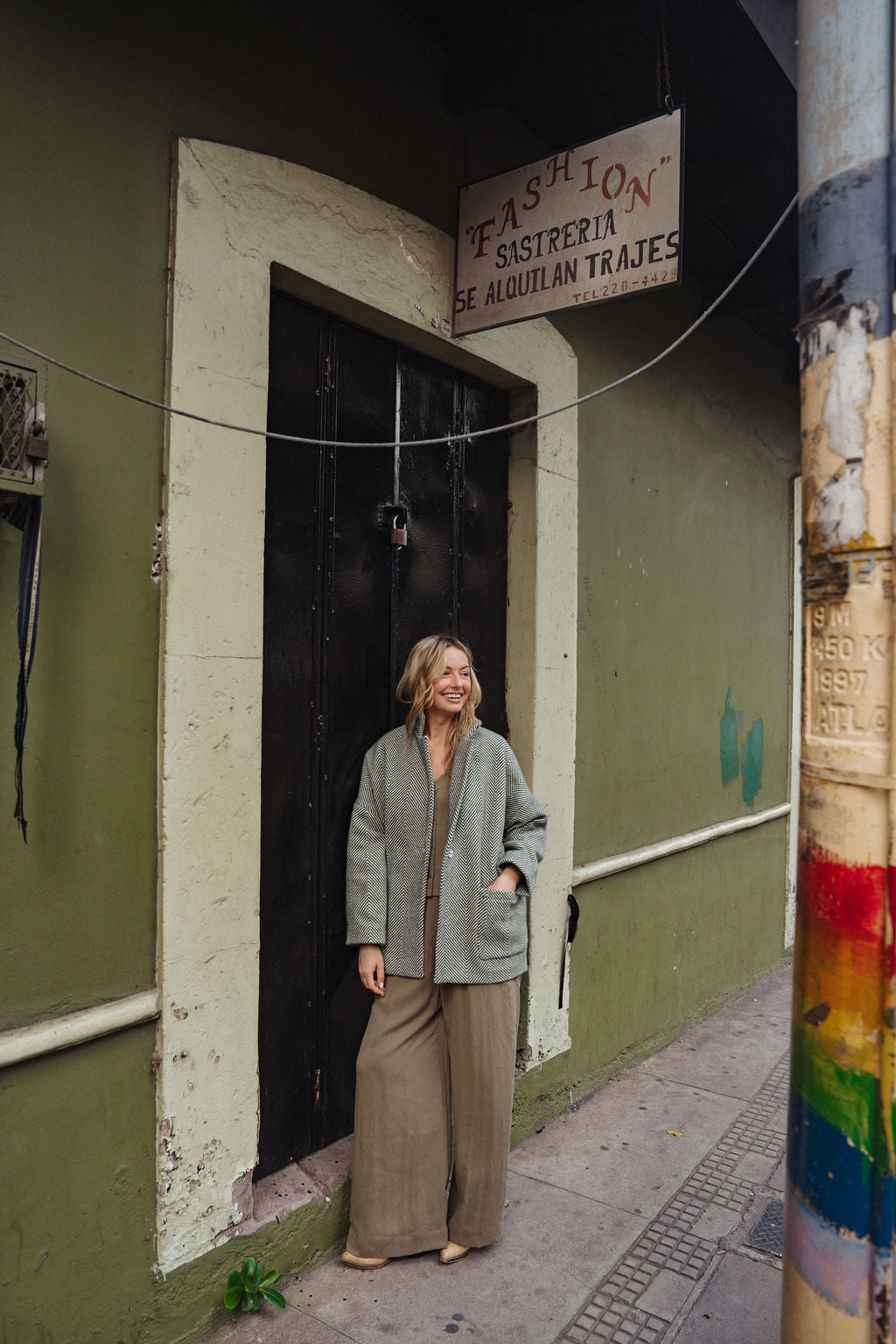 Portuguese Wool Pieper Coat in Teal and Cream Thin Stripe Made to Order