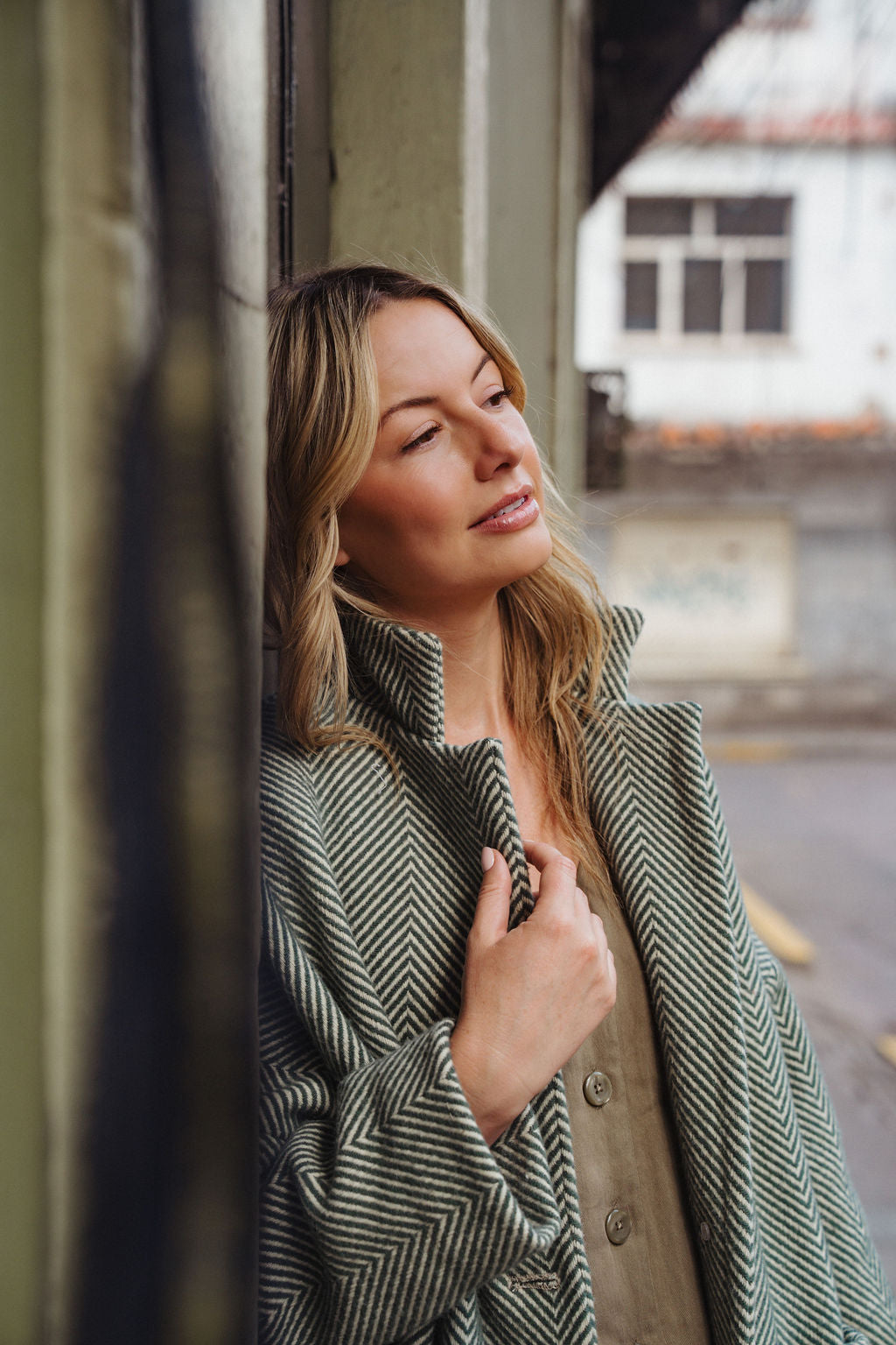 Portuguese Wool Pieper Coat in Teal and Cream Thin Stripe Made to Order
