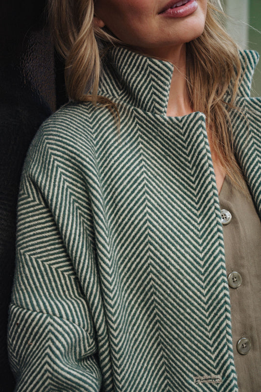 Portuguese Wool Pieper Coat in Teal and Cream Thin Stripe Made to Order