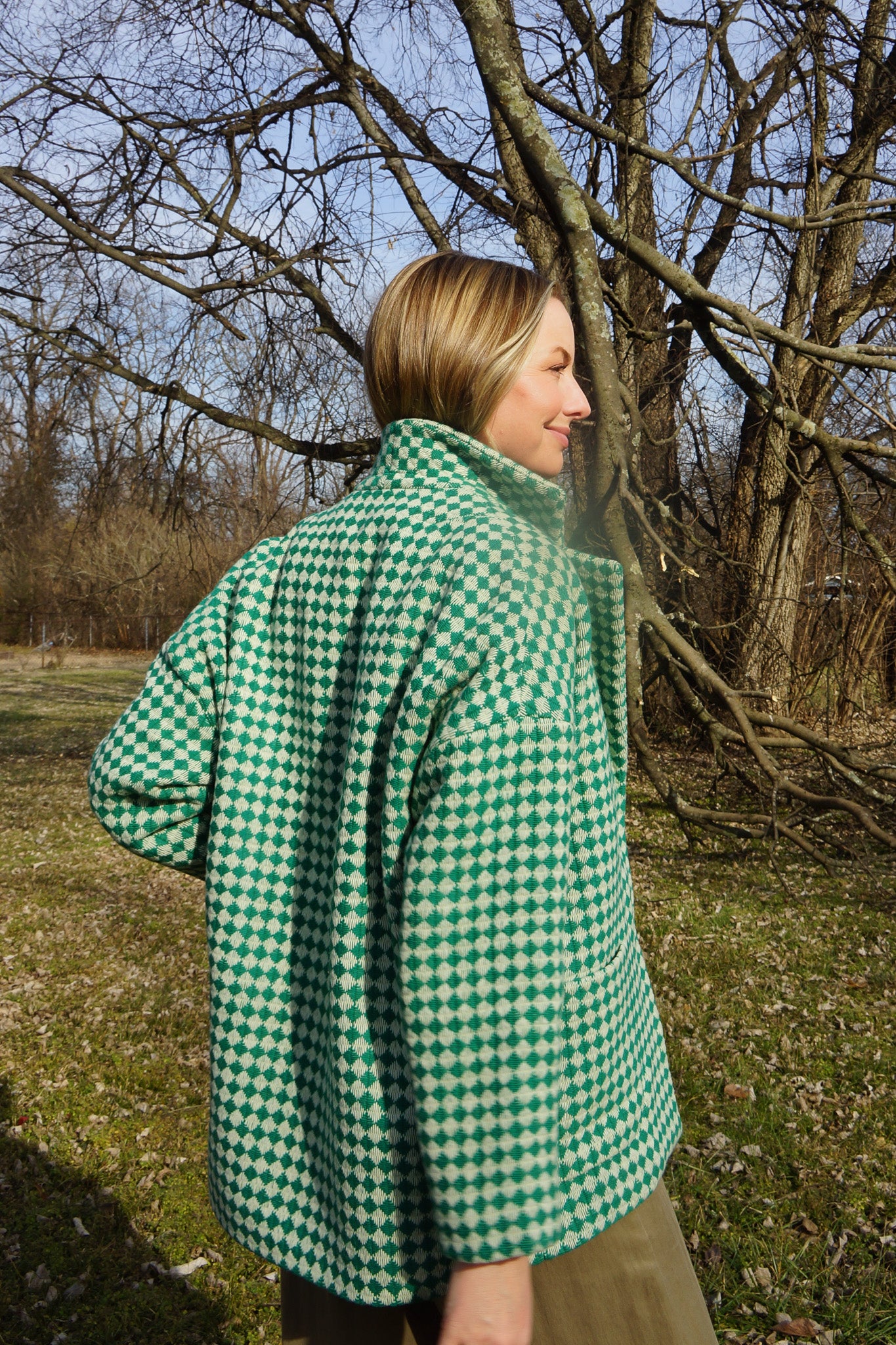 Portuguese Wool Pieper Coat in Green and Cream Check Made to Order