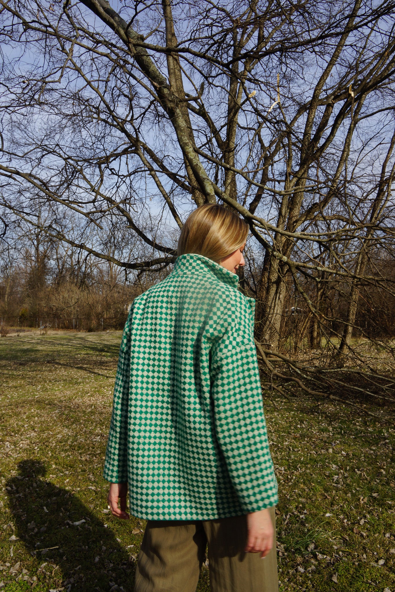 Portuguese Wool Pieper Coat in Green and Cream Check Made to Order