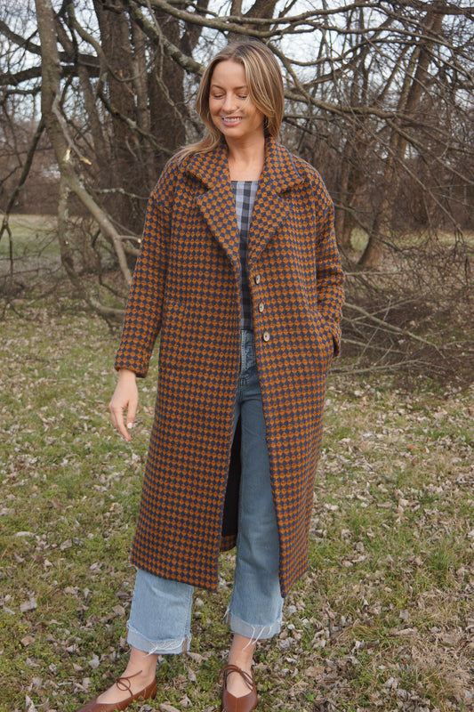 Portuguese Wool Polly Coat in Brown and Navy Check Made to Order