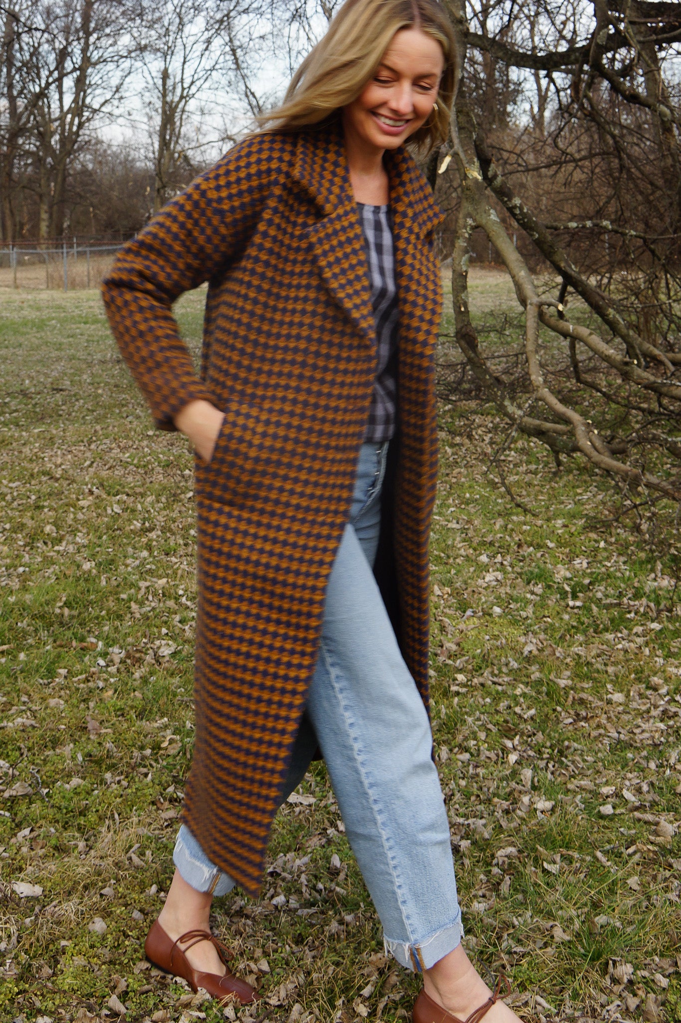 Portuguese Wool Polly Coat in Brown and Navy Check Made to Order