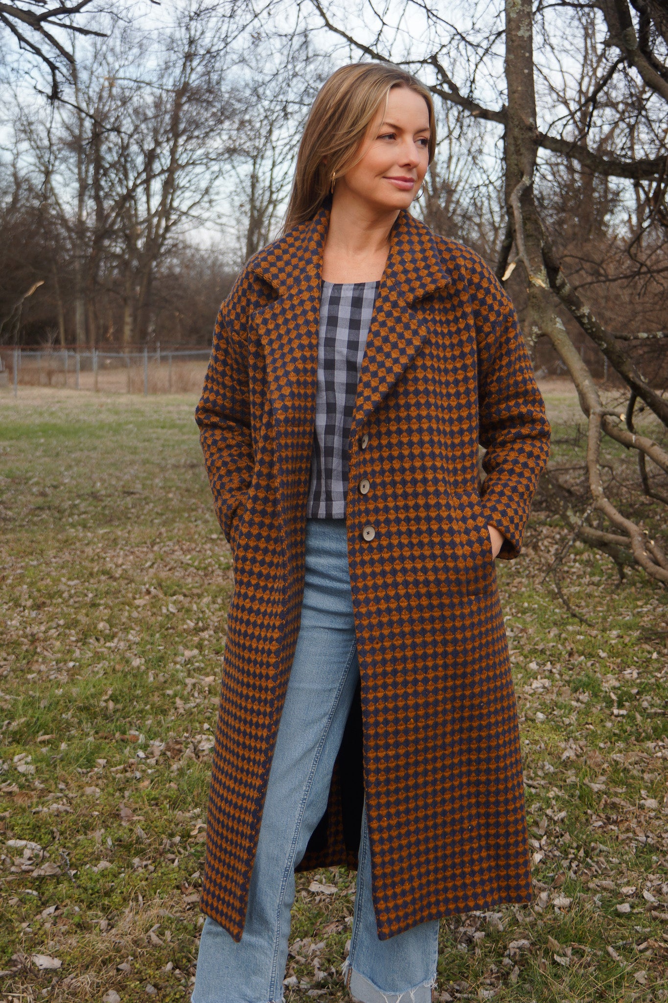 Portuguese Wool Polly Coat in Brown and Navy Check Made to Order