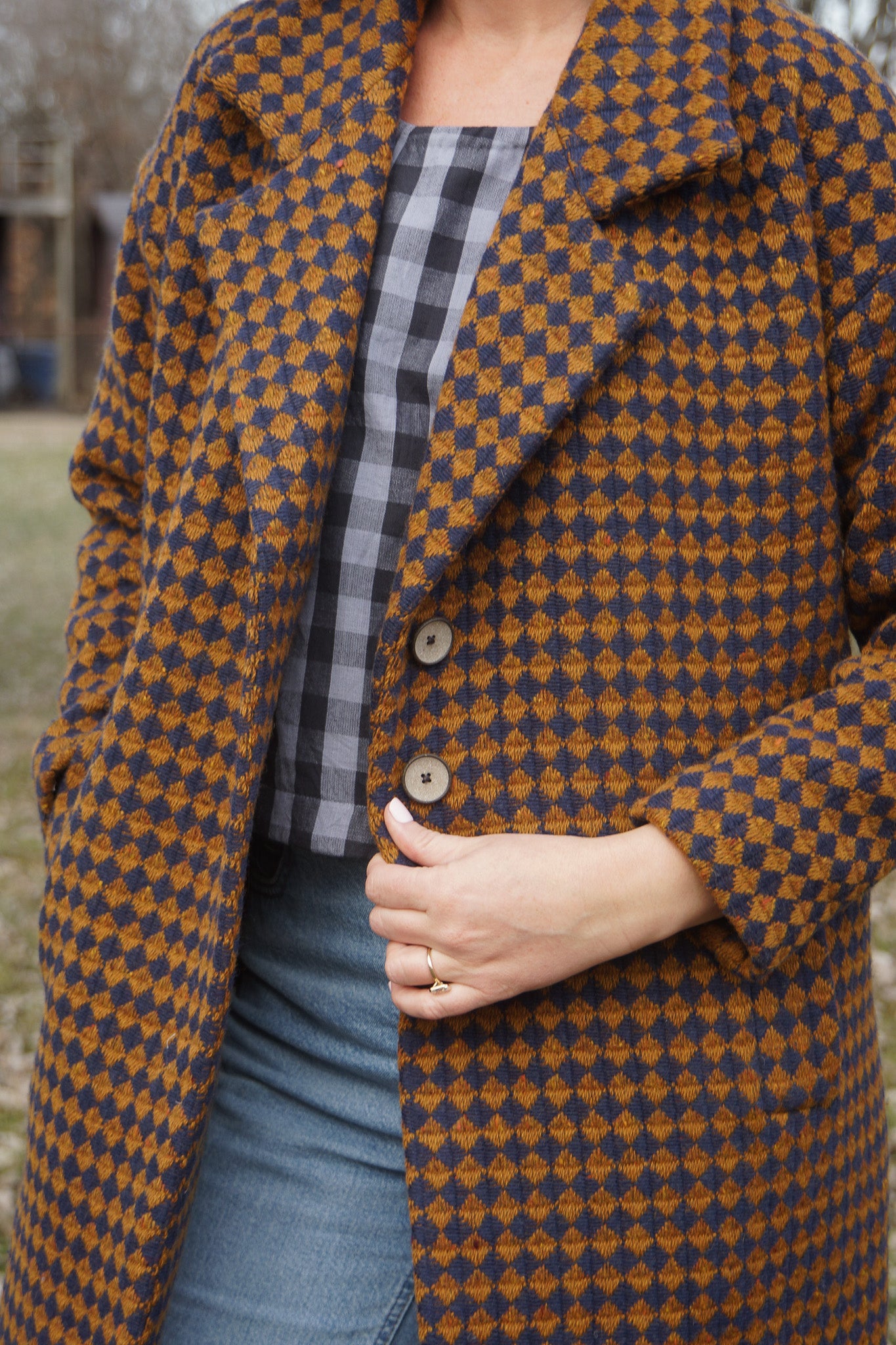 Portuguese Wool Polly Coat in Brown and Navy Check Made to Order