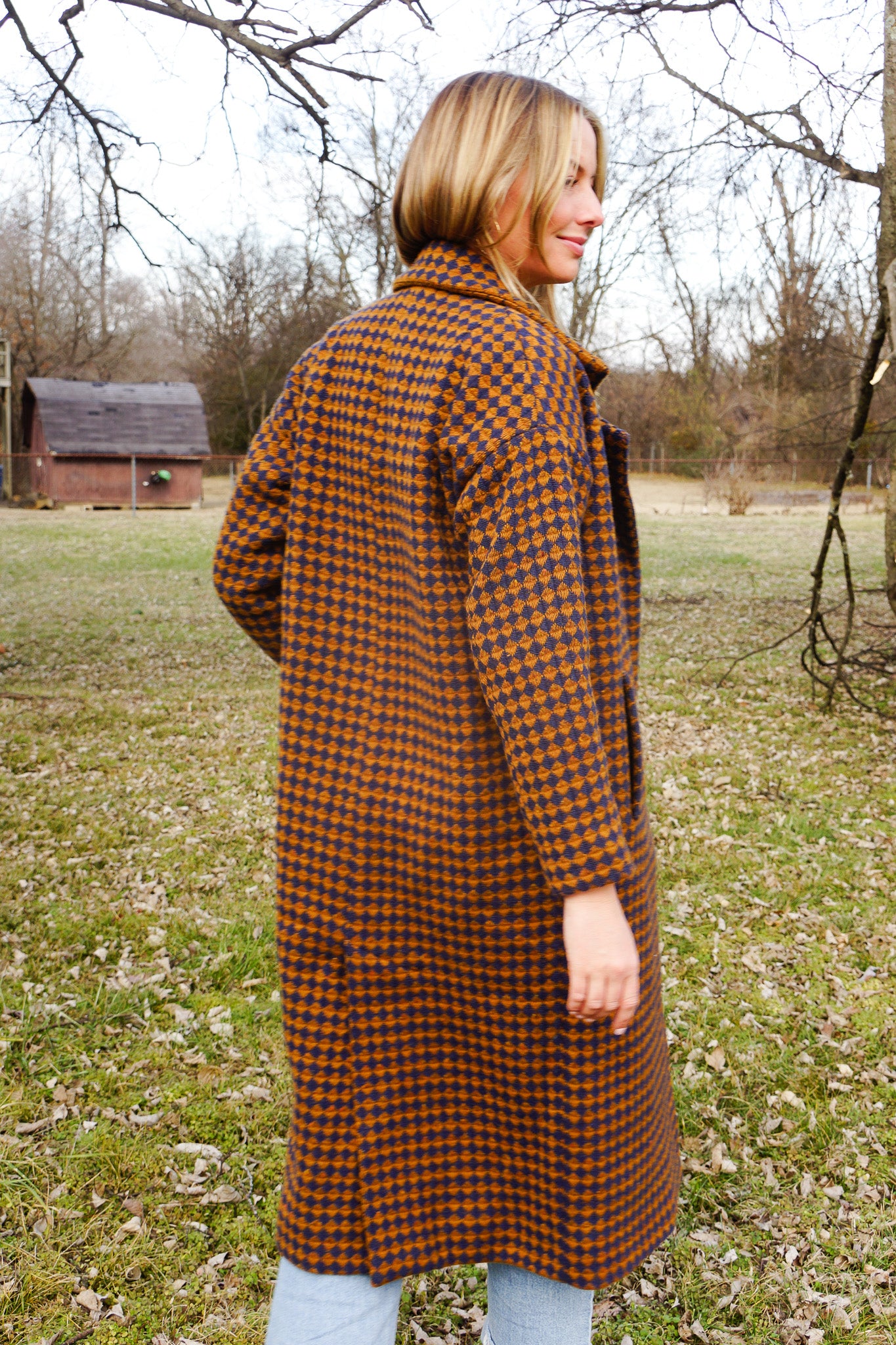 Portuguese Wool Polly Coat in Brown and Navy Check Made to Order