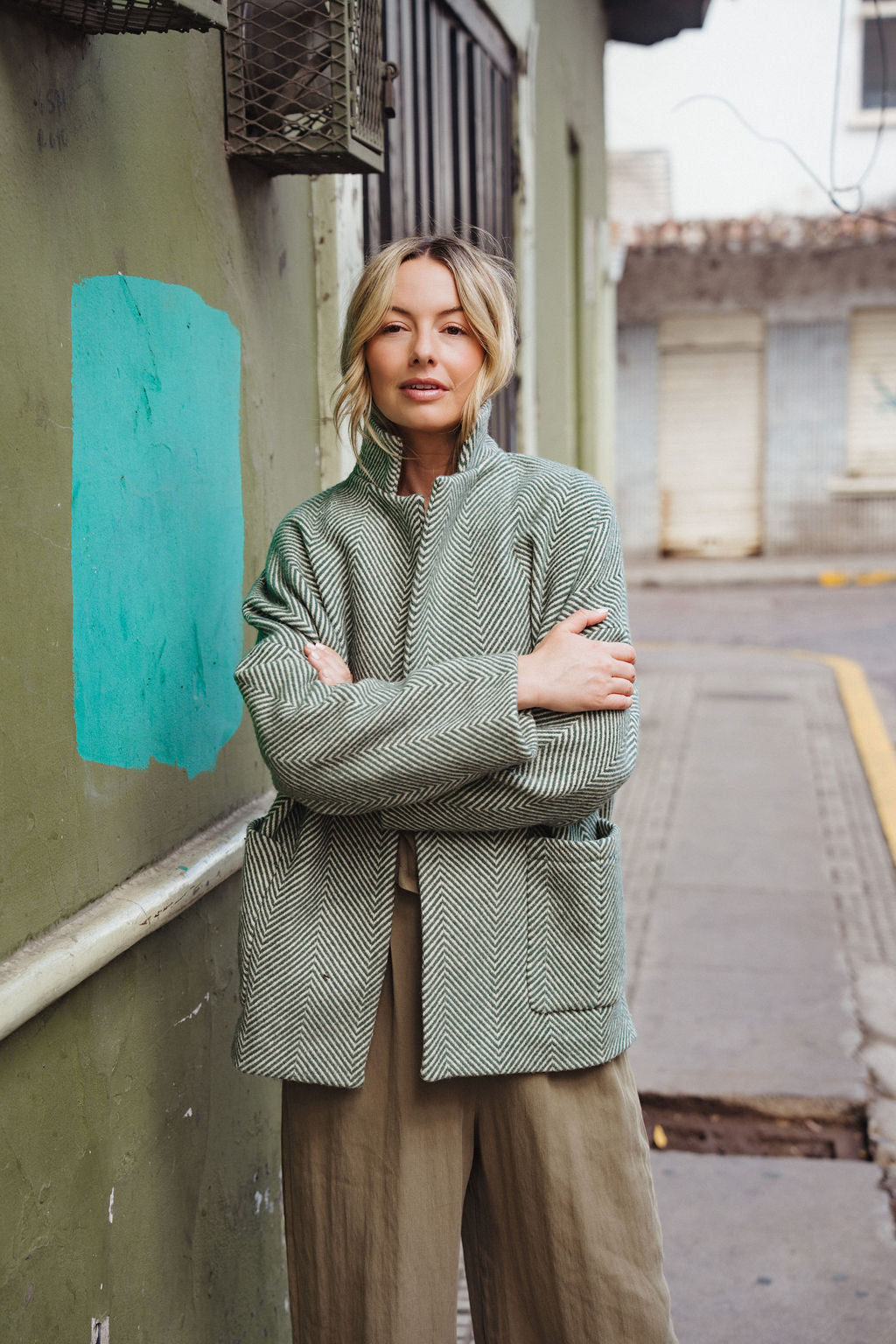 Portuguese Wool Pieper Coat in Teal and Cream Thin Stripe Made to Order