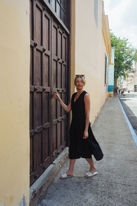 Marcy Midi Dress in Black Linen