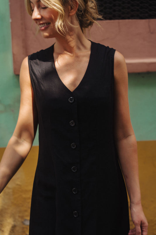 Marcy Midi Dress in Black Linen