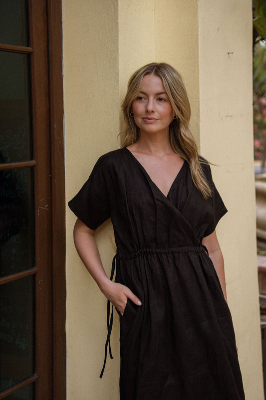 Rose Drawstring Dress in Dark Brown Linen