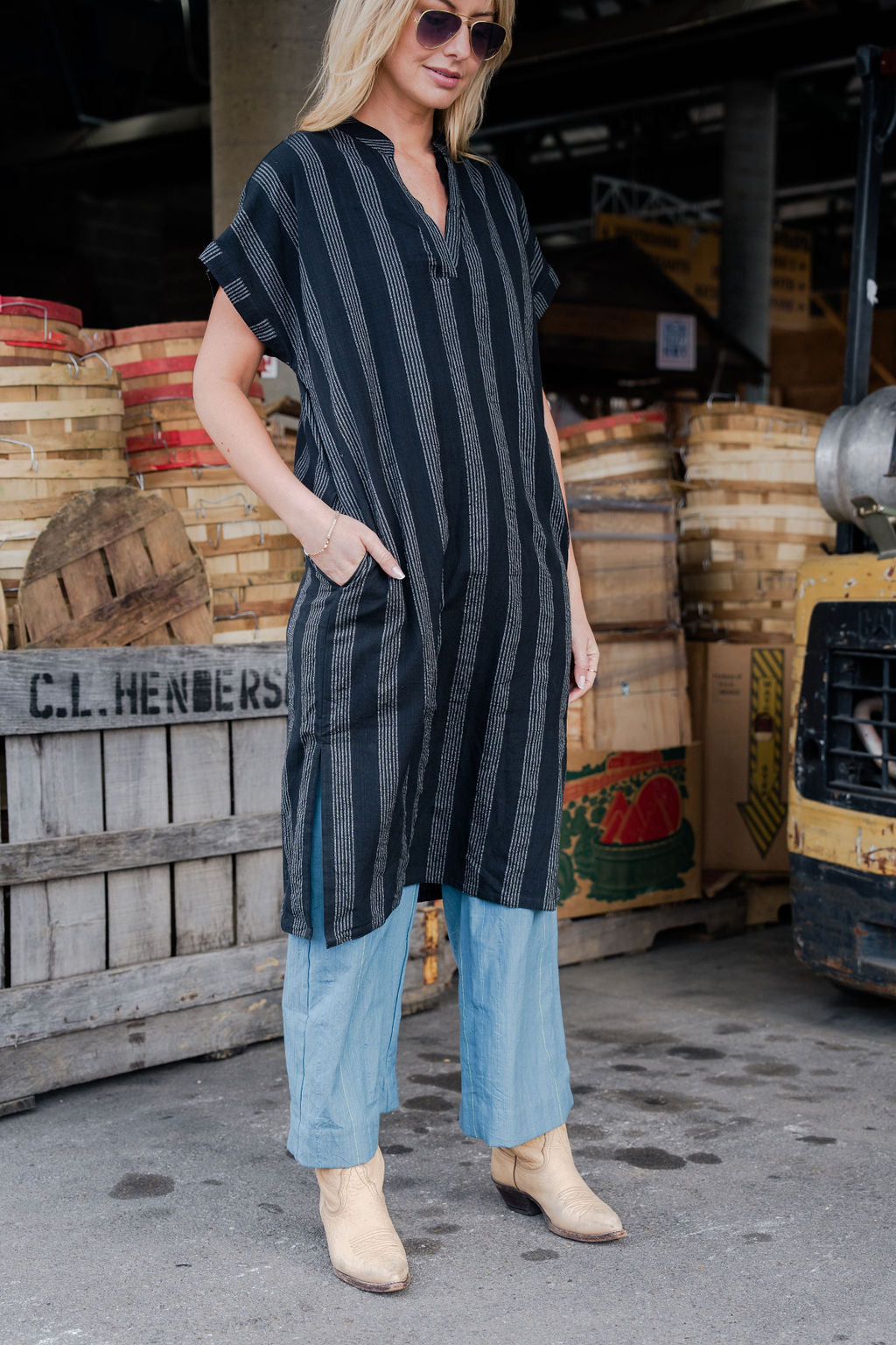 Paula Handwoven Cotton Tunic Dress in Dark Green Made to Order
