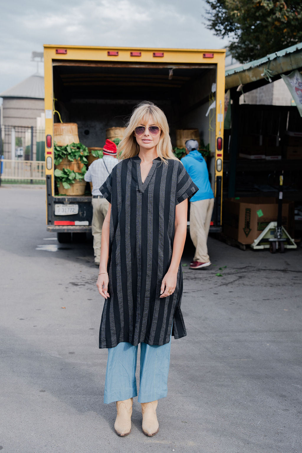 Paula Handwoven Cotton Tunic Dress in Black and White Stripe Made to Order