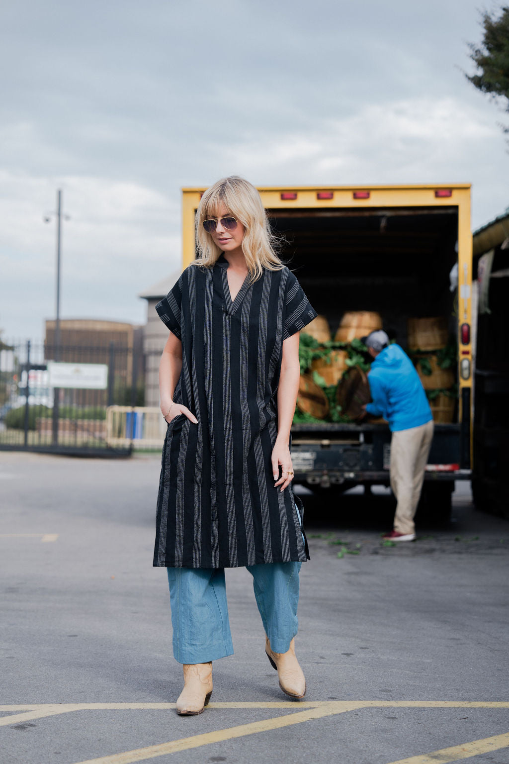 Paula Handwoven Cotton Tunic Dress in Black and White Stripe Made to Order