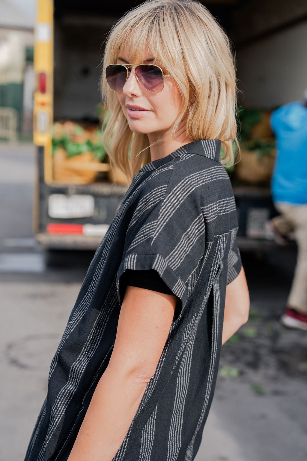 Paula Handwoven Cotton Tunic Dress in Black and White Stripe Made to Order