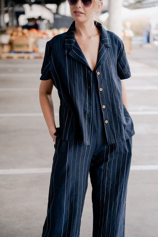 Handwoven Cotton Button-Up in Navy - Pre-Order 2/30