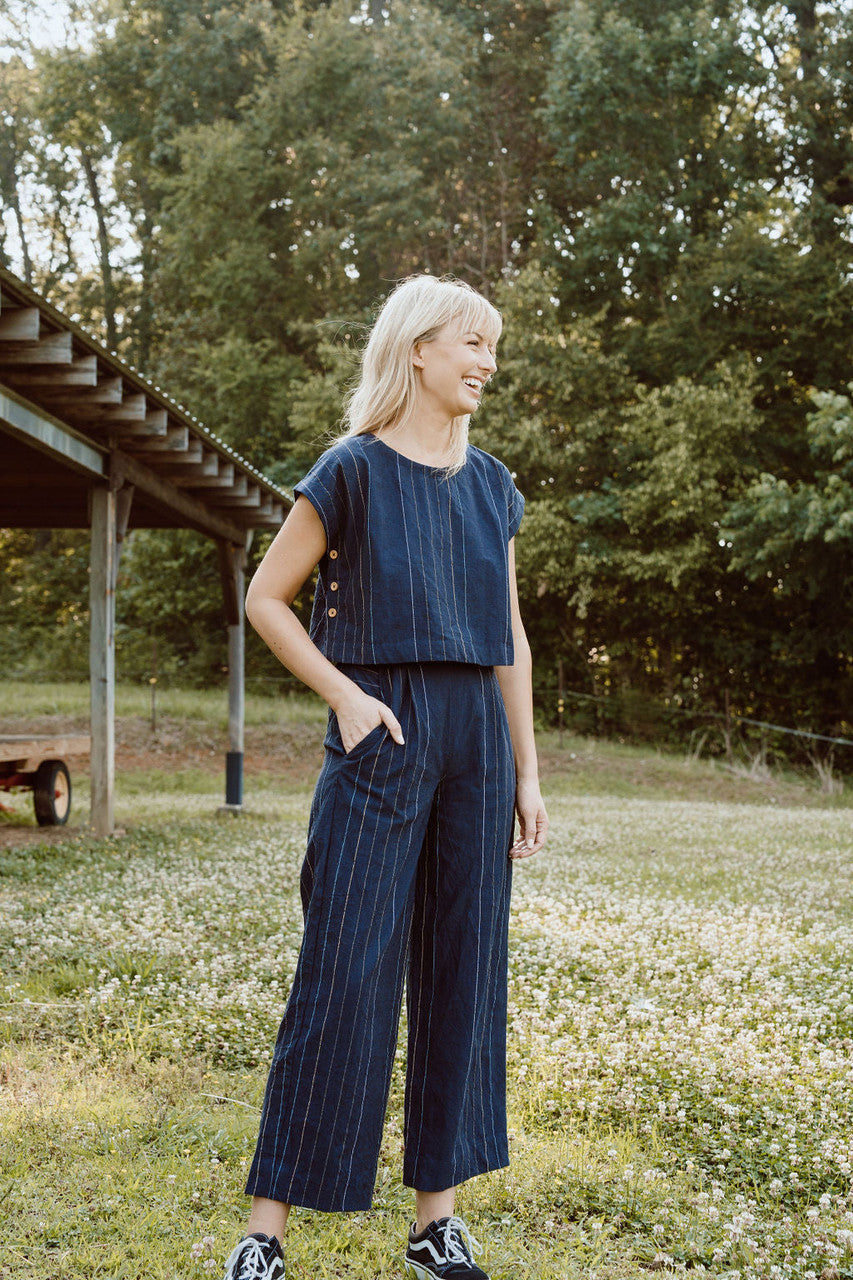 Katie Handwoven Cotton Set in Navy Pin Stripe