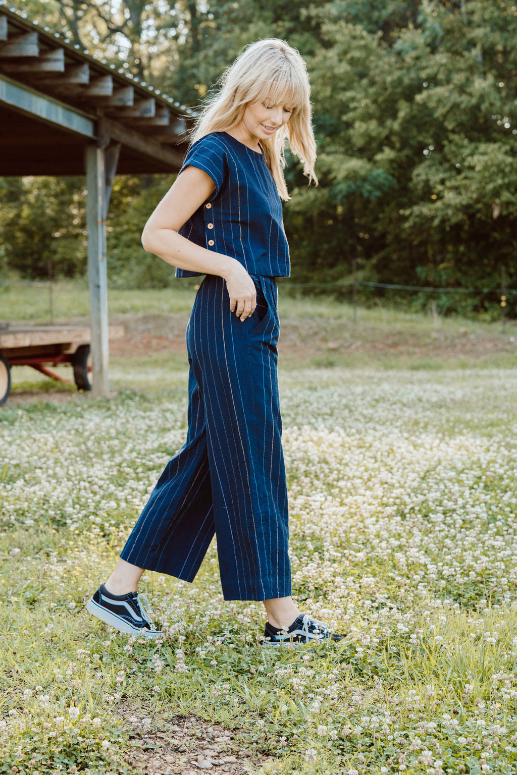 Katie Handwoven Cotton Crop Set in Navy Pin Stripe Made to Order