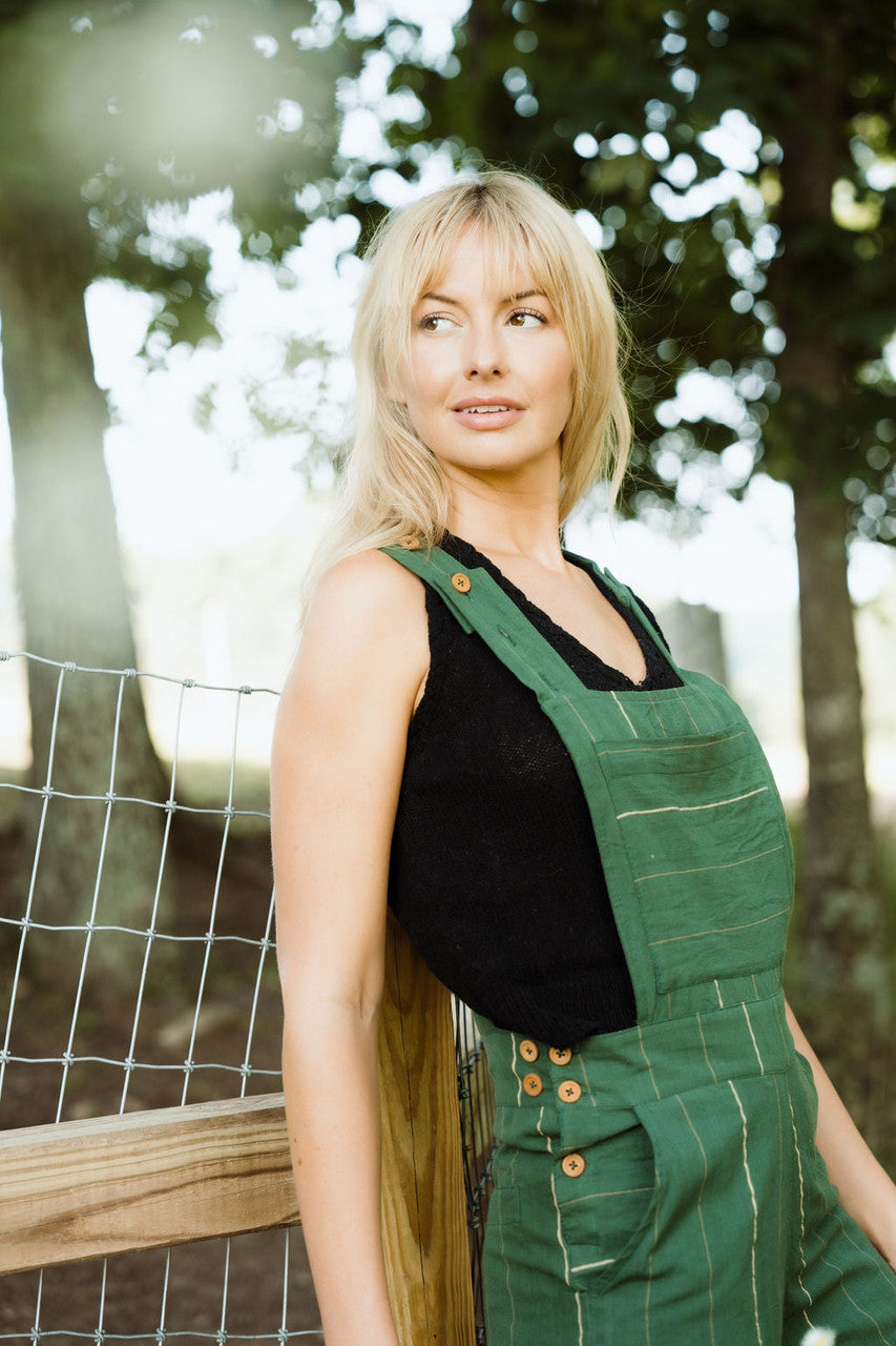 Dilsi Handwoven Cotton Overalls in Dark Green - S Left