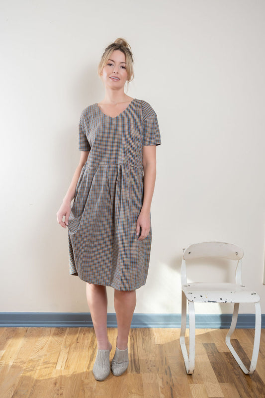 Eloise Handwoven Cotton Dress Sample in Brown Check Size S