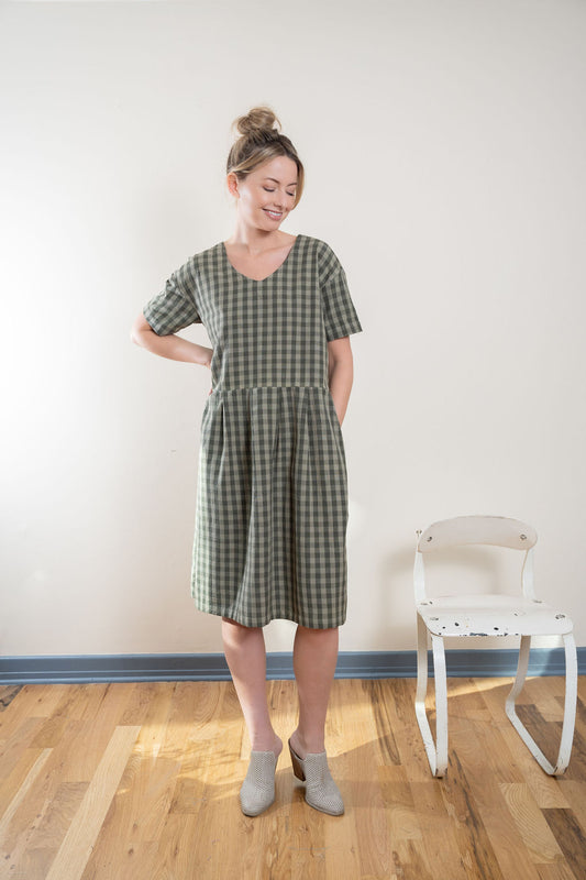 Eloise Handwoven Cotton Dress in Green Gingham