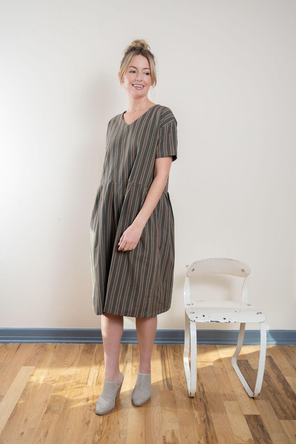 Eloise Handwoven Cotton Dress in Brown Stripe