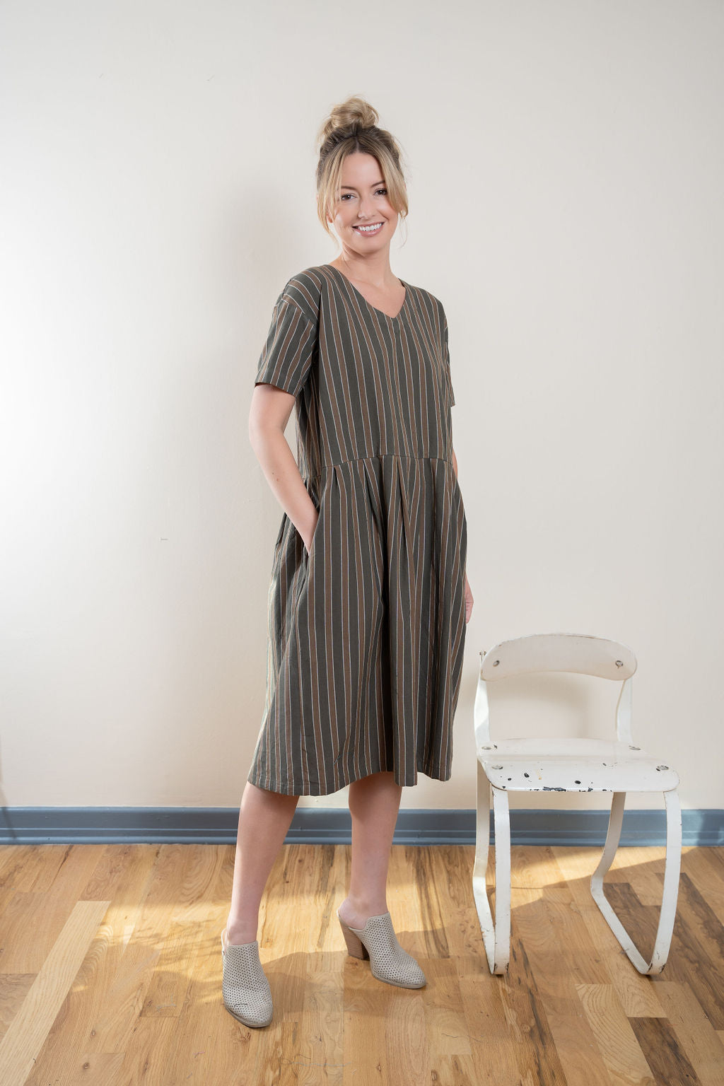 Eloise Handwoven Cotton Dress in Brown Stripe